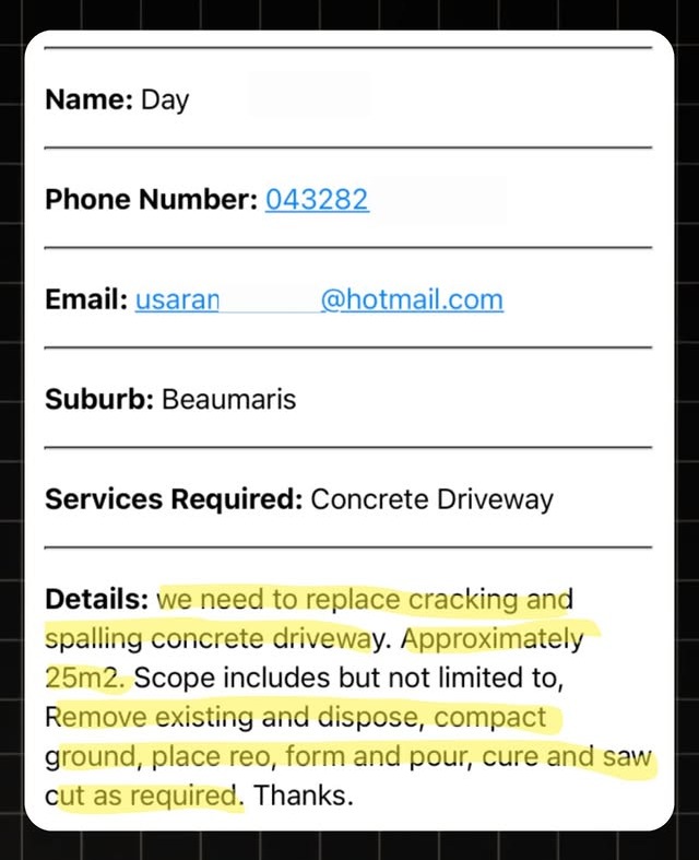 Example Concreting lead notification with real homeowner enquiry details