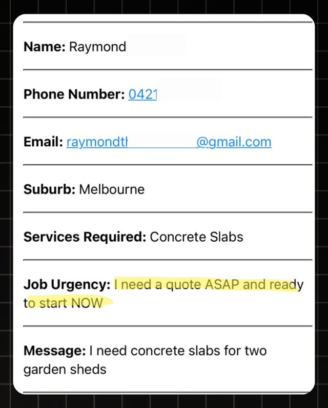Example Concreting lead notification with real homeowner enquiry details