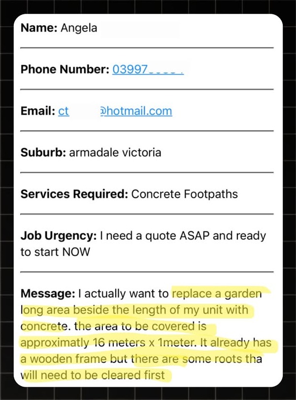 Example Concreting lead notification with real homeowner enquiry details