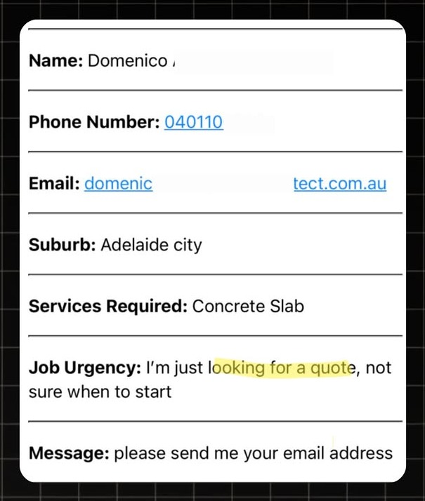 Example Concreting lead notification with real homeowner enquiry details