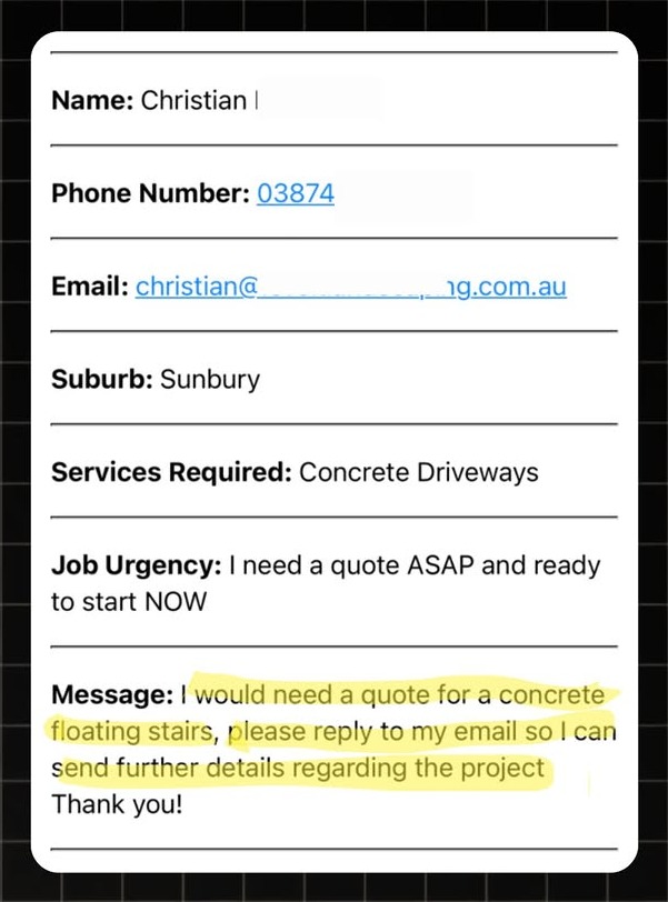 Example concreter lead notification with real homeowner enquiry details