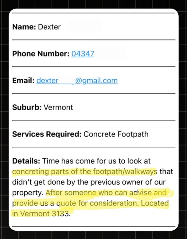 Example concreter lead notification with real homeowner enquiry details