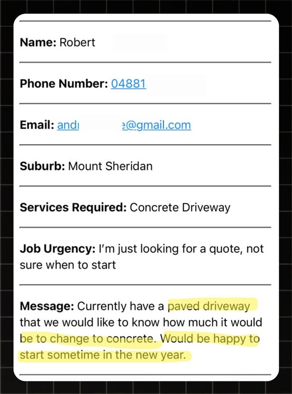 Example concreter lead notification with real homeowner enquiry details