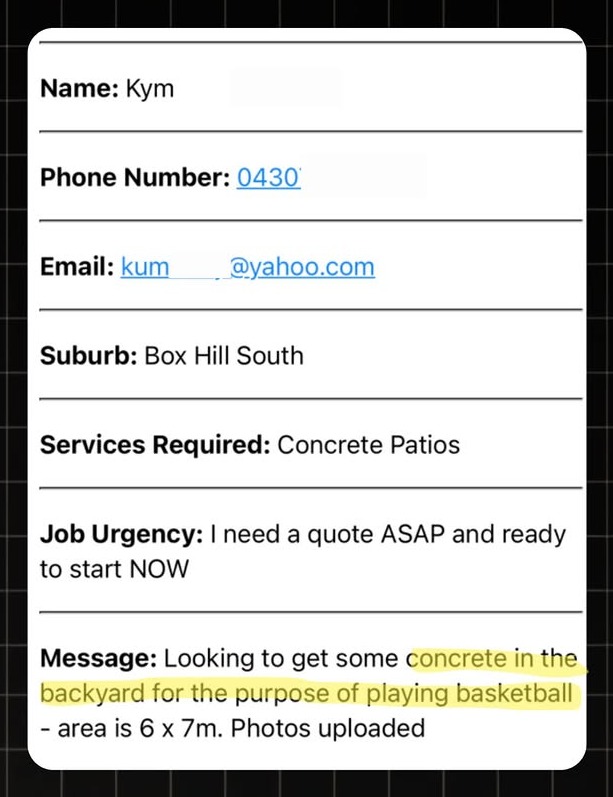 Example concreter lead notification with real homeowner enquiry details