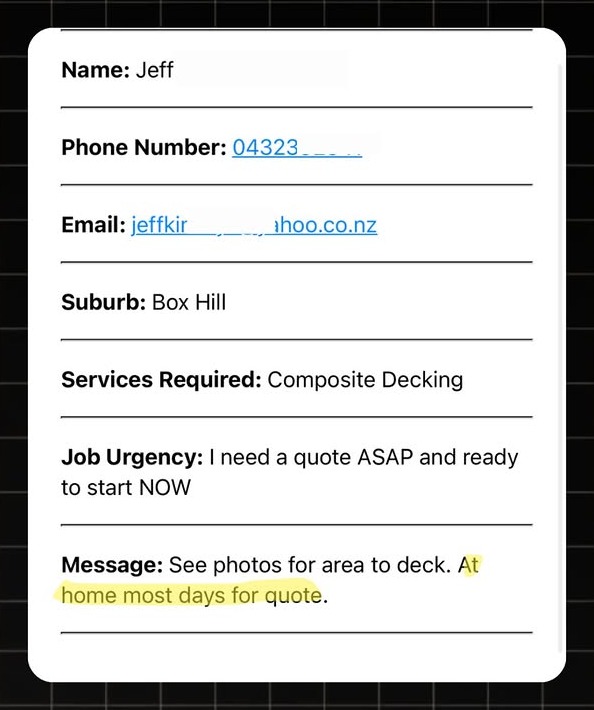 Example Decking lead notification with real homeowner enquiry details