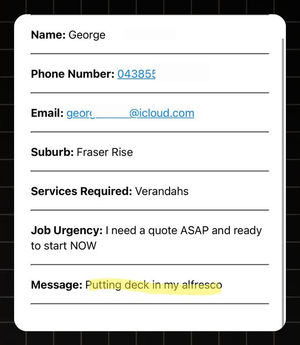 Example decking lead notification with real homeowner enquiry details