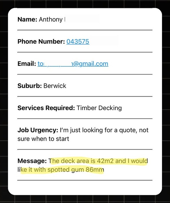 Example Decking lead notification with real homeowner enquiry details