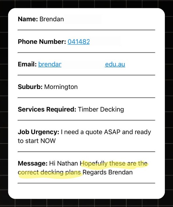 Example Decking lead notification with real homeowner enquiry details