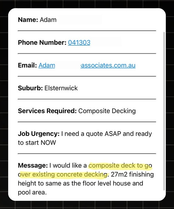 Example decking lead notification with real homeowner enquiry details