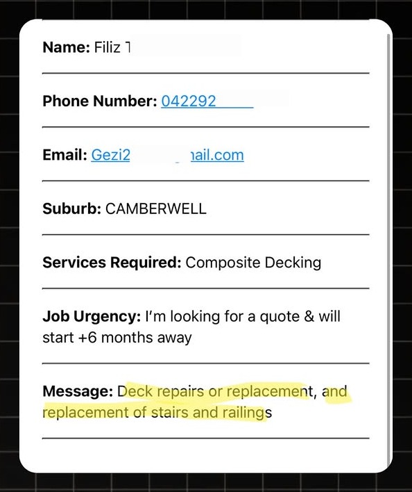 Example decking lead notification with real homeowner enquiry details