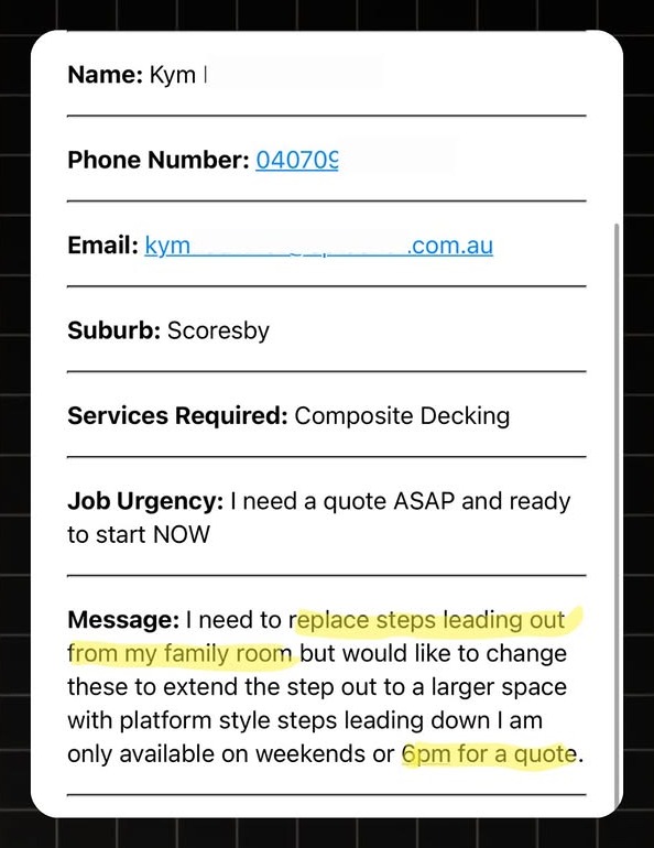 Example decking lead notification with real homeowner enquiry details