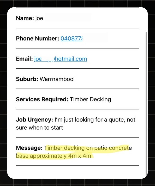 Example decking lead notification with real homeowner enquiry details