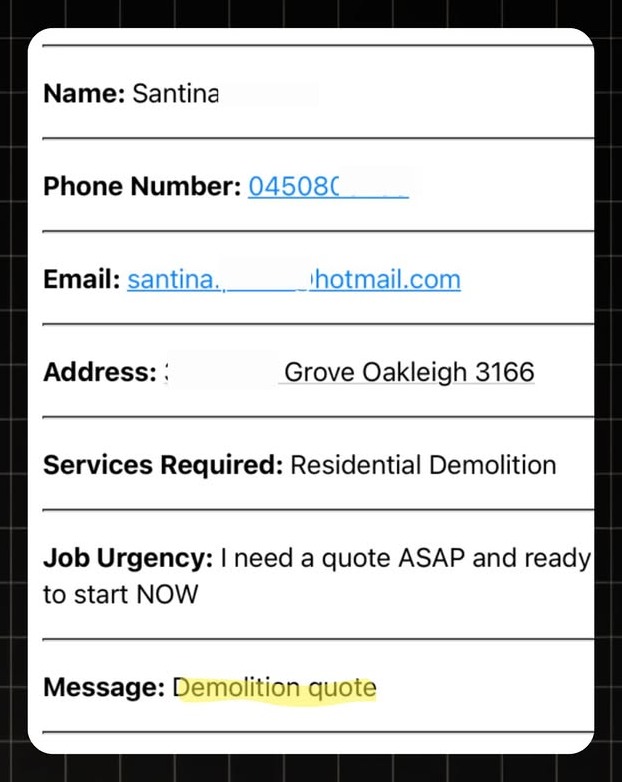 Example Demolition lead notification with real homeowner enquiry details