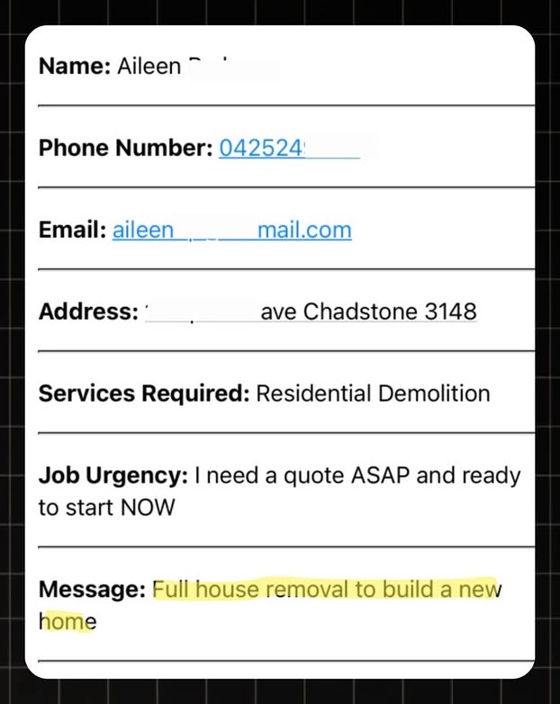 Example Demolition lead notification with real homeowner enquiry details