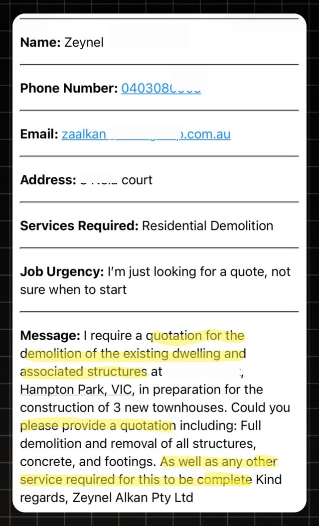 Example Demolition lead notification with real homeowner enquiry details