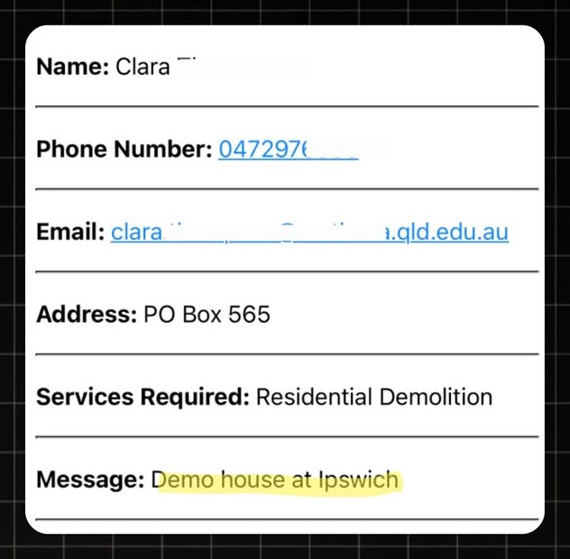 Example Demolition lead notification with real homeowner enquiry details