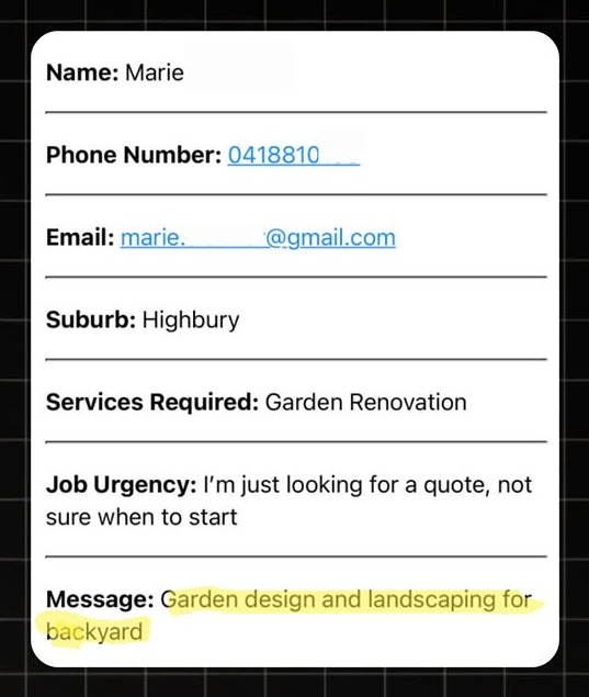 Example Landscaping lead notification with real homeowner enquiry details