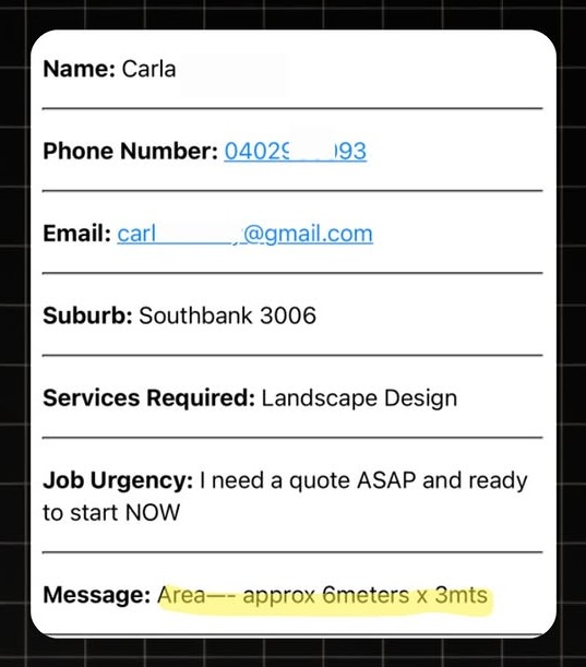 Example Landscaping lead notification with real homeowner enquiry details