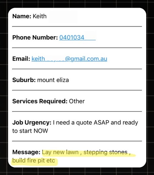 Example Landscaping lead notification with real homeowner enquiry details