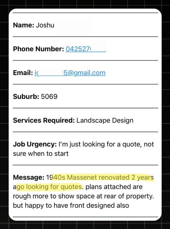 Example Landscaping lead notification with real homeowner enquiry details