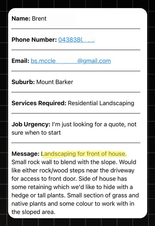 Example landscaping lead notification with real homeowner enquiry details