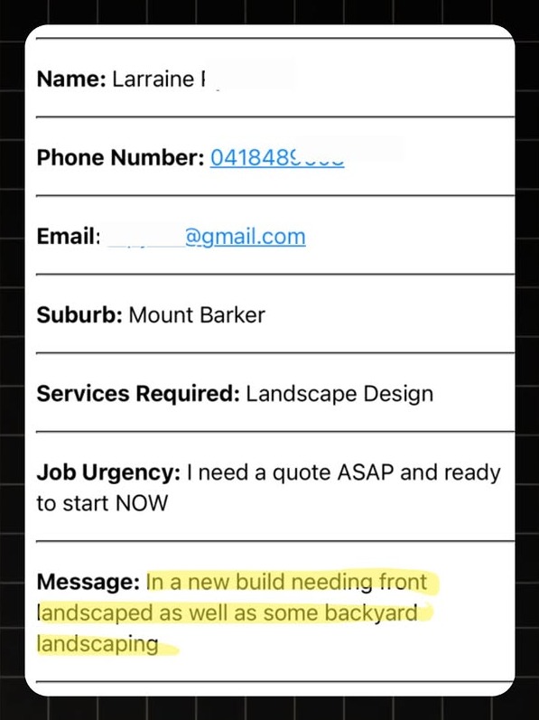 Example landscaping lead notification with real homeowner enquiry details