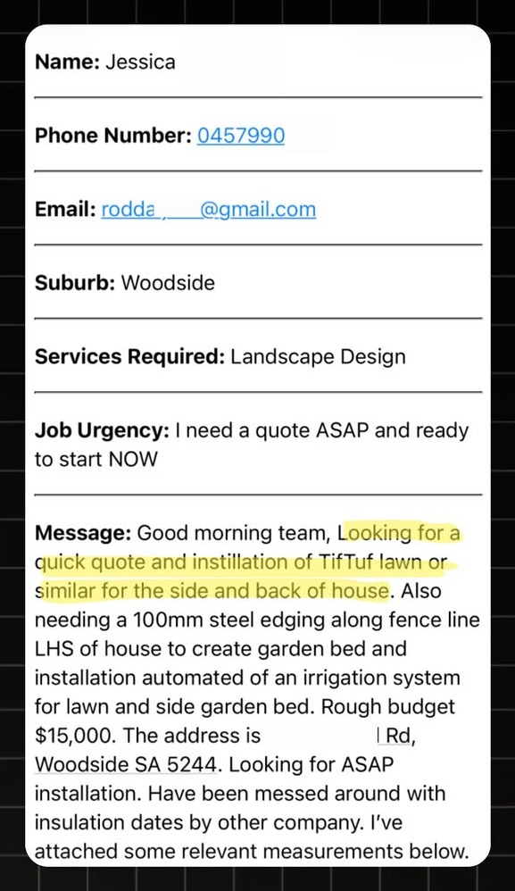 Example landscaping lead notification with real homeowner enquiry details