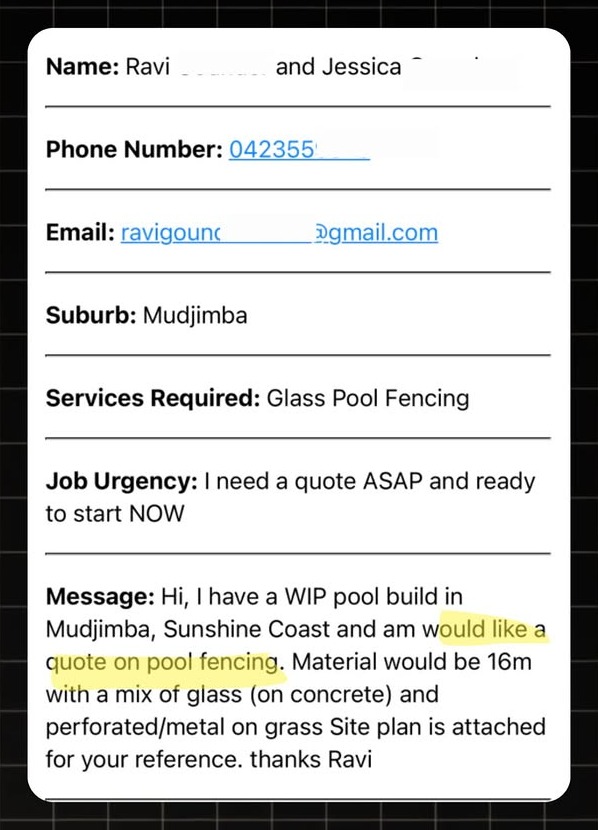 Example Pool Fencing lead notification with real homeowner enquiry details