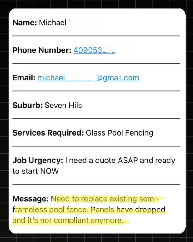 Example Pool Fencing lead notification with real homeowner enquiry details