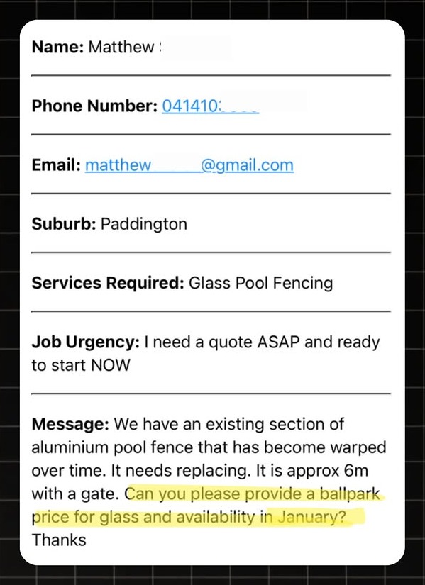 Example Pool Fencing lead notification with real homeowner enquiry details