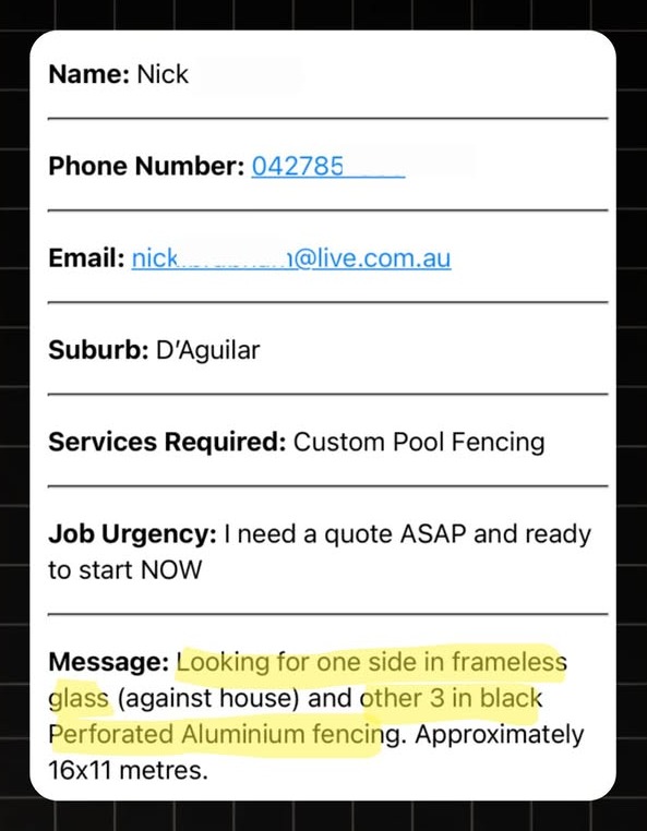 Example Pool Fencing lead notification with real homeowner enquiry details