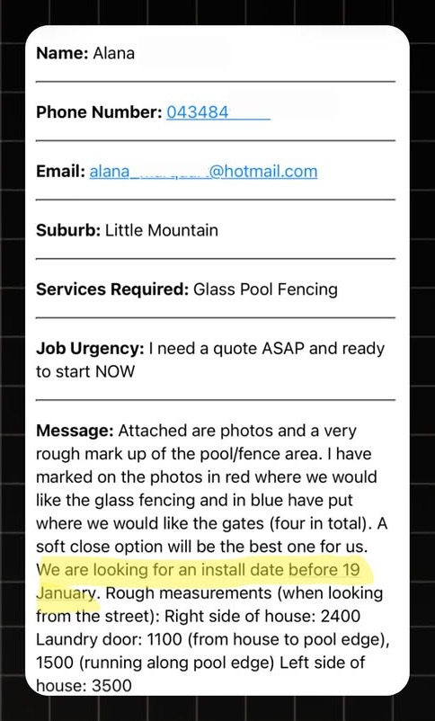 Example fencing lead notification with real homeowner enquiry details