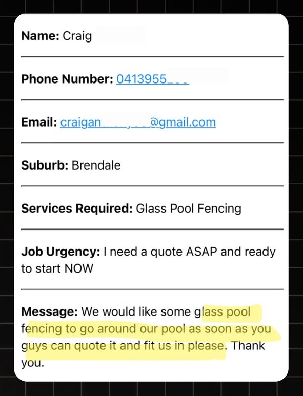 Example fencing lead notification with real homeowner enquiry details