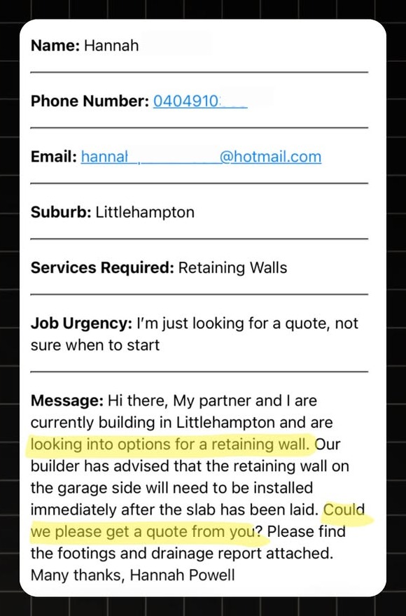 Example Retaining Walls lead notification with real homeowner enquiry details