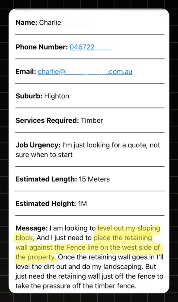Example Retaining Walls lead notification with real homeowner enquiry details