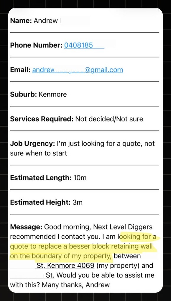 Example Retaining Walls lead notification with real homeowner enquiry details