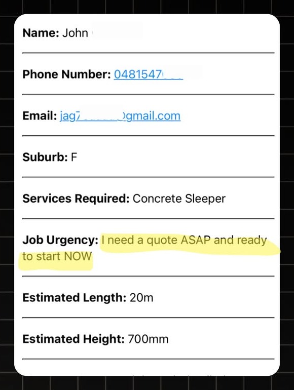Example Retaining Walls lead notification with real homeowner enquiry details