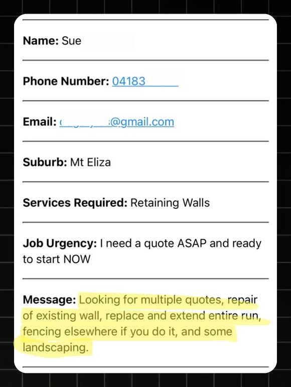 Example retaining wall lead notification with real homeowner enquiry details